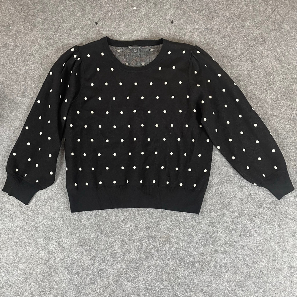 Adrianna Papell Plus 2X Black Polka Dot Puff Sleeve Knit Sweater EUC